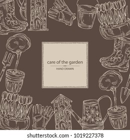 Background with tools for garden care: watering can, gloves, birdhouse, boots, scapula, flowers and a tree in a flowerpot. Vector hand drawn illustration.