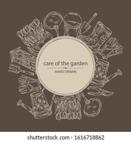 Background with tools for garden care: watering can, gloves, birdhouse, boots, scapula, flowers and a tree in a flowerpot. hand drawn illustration