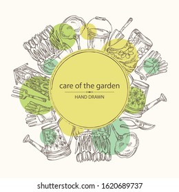 Background with tools for garden care: watering can, gloves, birdhouse, boots, scapula, flowers and a tree in a flowerpot. hand drawn illustration