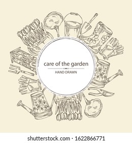 Background with tools for garden care: watering can, gloves, birdhouse, boots, scapula, flowers and a tree in a flowerpot. hand drawn illustration