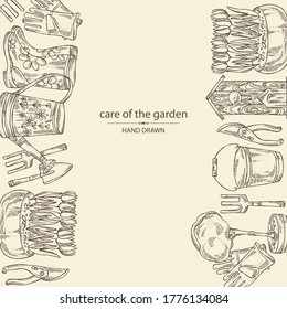 Background with tools for garden care: watering can, gloves, birdhouse, boots, spatula, flowers and a tree in a flowerpot. hand drawn illustration