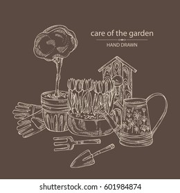 Background with tools for garden care: watering can, gloves, birdhouse, scapula, flowers and a tree in a flowerpot. hand drawn.