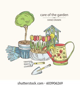 Background with tools for garden care: watering can, gloves, birdhouse, scapula, flowers and a tree in a flowerpot. hand drawn.