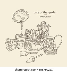 Background with tools for garden care: watering can, gloves, birdhouse, scapula, flowers and a tree in a flowerpot. hand drawn.