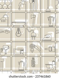 The background, tools and household grey. On a gray background is depicted contour drawings of house appliances, sanitary ware, household goods and electrical appliances. For printing, and textiles. 