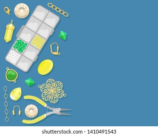 Background with tools and materials for handmade jewelry. Beads, accessories, rhinestones. Creation of handmade jewelry
