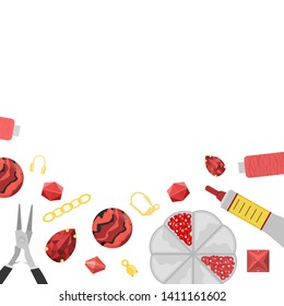 Background with tools and materials for handmade jewelry. Beads, accessories, rhinestones. Creation of handmade jewelry