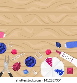 Background with tools and materials for handmade jewelry. Beads, accessories, rhinestones. Creation of handmade jewelry