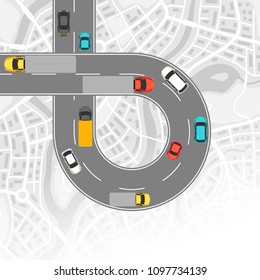 Background with top view of road. Highway traffic cars in countryside.