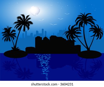 Background with town, palms, see and moon - vector
