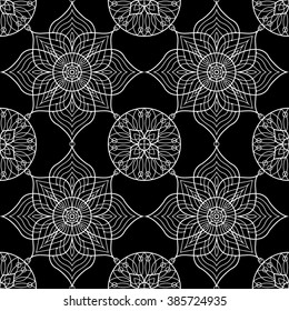 Background with traditional Arabic floral geometric pattern. Vector illustration in black and white colors.