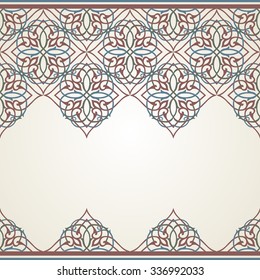 Background with traditional Arabic frame. Save the date card. Vector illustration.
