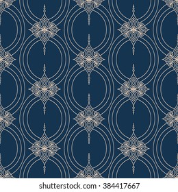 Background with traditional Arabic seamless floral geometric pattern. Vector illustration in beige and blue color.