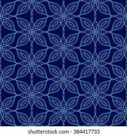 Background with traditional Arabic seamless floral geometric pattern. Vector illustration in dark blue colors.