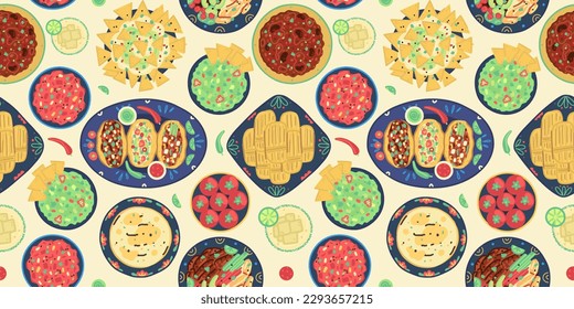 Background with traditional mexican food. Mexican cuisine. Tacos, tortilla, fajitas, nachos, tomales, guacamole, salsa, margarita, chili con carne. Design for banner, header. Vector illustration