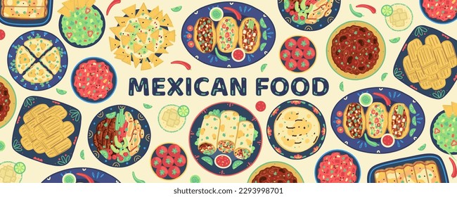 Background with traditional mexican food. Mexican cuisine. Tacos, tortilla, quesadilla, fajitas, nachos, burrito, tomales, guacamole, salsa, margarita, chili con carne and enchiladas. Vector