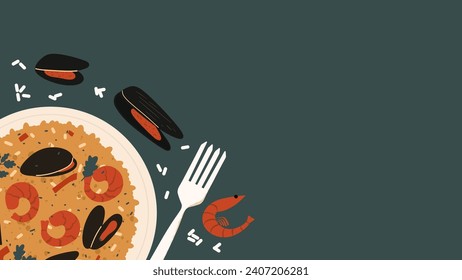 Background with traditional Spanish dish Paella. Food banner. Vector illustration in hand draw style.