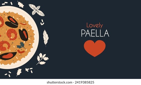 Background with traditional Spanish dish Paella. Food banner. Vector illustration in hand draw style.