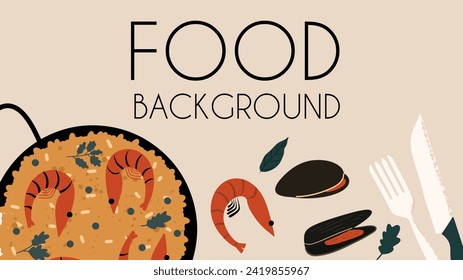 Background with traditional Spanish dish Paella. Food banner. Vector illustration in hand draw style.