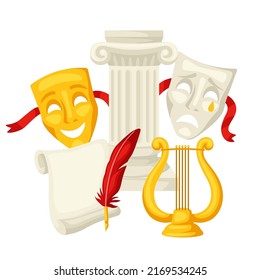 Background with traditional theatre symbols. Illustration for theatrical performance.