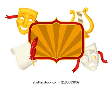 Background with traditional theatre symbols. Illustration for theatrical performance.