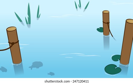 Background of tranquil blue water in a pond with wooden mooring poles and fish swimming below the surface, vector illustration