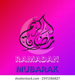 The background transitions between red, pink, and purple shades. The same black Arabic calligraphy of "Ramadan" is present in the center. The text "RAMADAN MUBARAK" is in white and dark blue, 