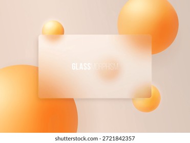 Fondo con Anuncio de vidrio translúcido y esferas de color naranja suave, composición geométrica minimalista para interfaces de usuario modernas, Sitios web, App y presentaciones.