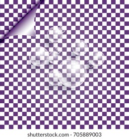Background with transparent bubbles. Curled page on background with squares