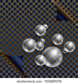 Background with transparent bubbles. Curled page on background with squares