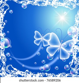 Background with transparent butterfly and bubbles in grunge frame