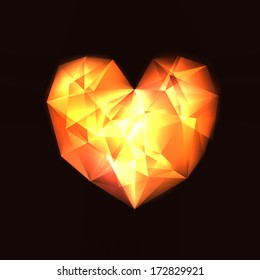 Background with transparent glowing fire heart, consist of many triangles