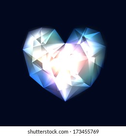 Background with transparent glowing heart, consist of many triangles