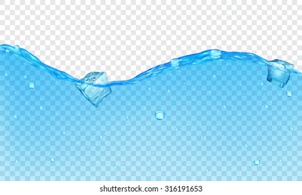 Background of transparent water with bubbles and floating ice cubes