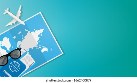 Background for travel banner. World map, passport, airline tickets, sun glasses, toy airplane. Poster with place for text. Vector.