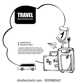 background travel picture with bus suitcase and calendar. Frame with place for your text