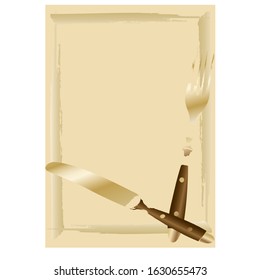 background. A tray or sheet of paper with a knife and fork lying on it. Perfect for menu design