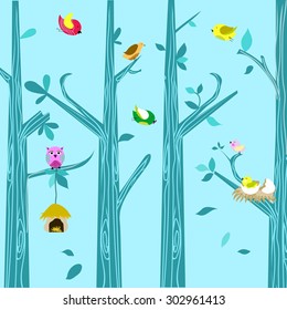 Background tree with colorful birds. Vector cartoon jungle.