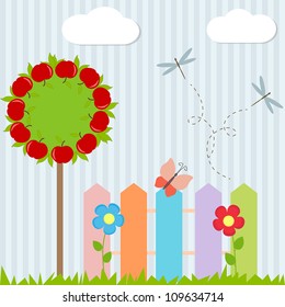 Background with tree, fence, butterfly and flying dragonflies