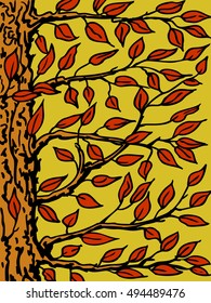 Background with a tree. The trunk, branches and leaves close-up. Vector illustrations.