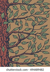 Background with a tree. The trunk, branches and leaves close-up. Vector illustrations.