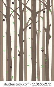 Background with tree trunks and falling fir cones and needles. A hovel forest. 