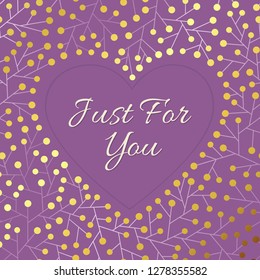 Background with treelike pattern with golden circles and space in heart shape on dark lilac backdrop. Can be used as invitation or greeting card