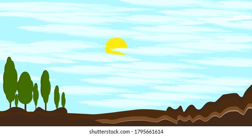 Fondo arbolado, nubes y sol. Papel pintado de paisajes. Plantilla de fondo de naturaleza simple. Ilustración vectorial.