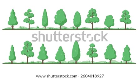 Background trees collection vectors - Cartoon style nature forest trees and grass graphic elements on straight line with white background. Flat design illustration graphics