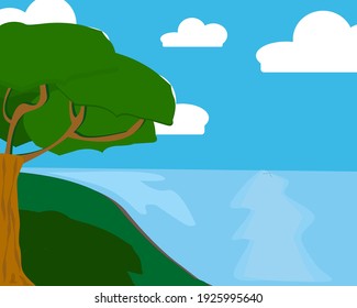 Background trees and lakes with a blue sky above them, Flat design, vector, illustrator
