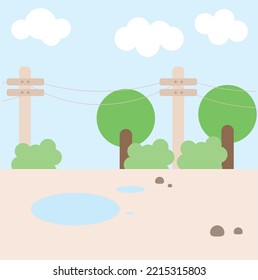 Background with trees, lampposts and small puddles in the background after the rain.