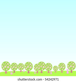 background of trees and pink rabbits
