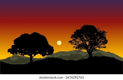 Fondo de la silueta de los árboles en la puesta del sol, fondo de las montañas. Ilustración de diseño de Vector.