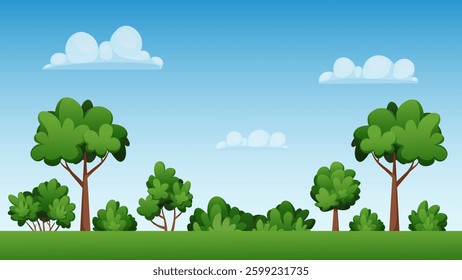 Background with trees and sky for Earth Day. Banner, template on ecological theme. Vector cartoon illustration